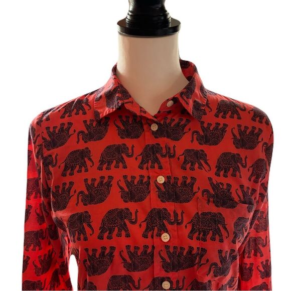 J. Crew Elephant Print Cotton Button Up | XS | EUC | Coral and Navy Blue - Picture 3 of 9